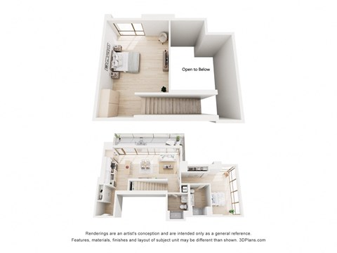 A floor plan of a two-story apartment with a living room, kitchen, and bedrooms.